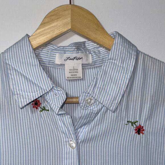 Love Potion Blue & White floral Striped Button Down Shirt women’s Size Large - Picture 4 of 6